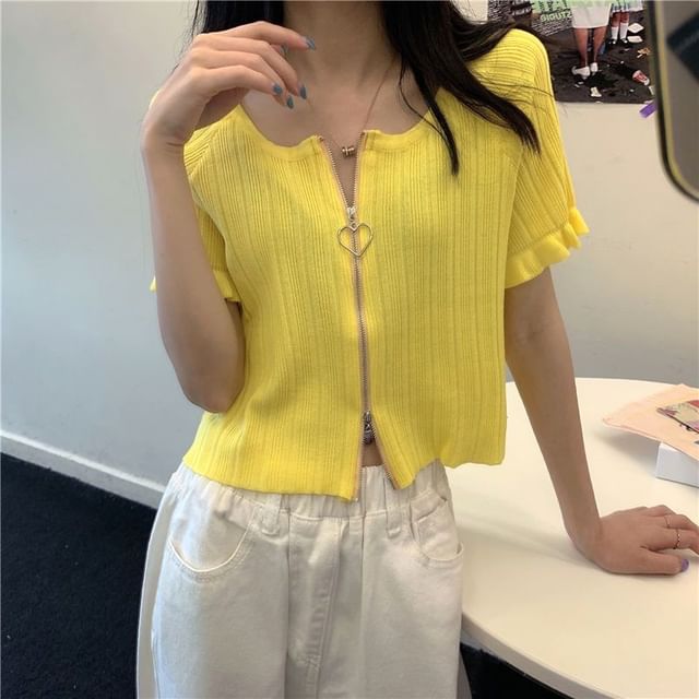 Cardigan Short-Sleeve Ribbed Zip Plain Round Neck