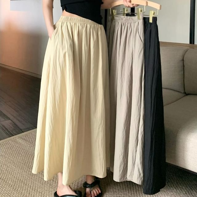 Skirt Waist A-Line Plain Maxi Elastic
