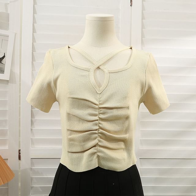 Knit Neck Top Plain Short-Sleeve Ruched Cross Notch Criss