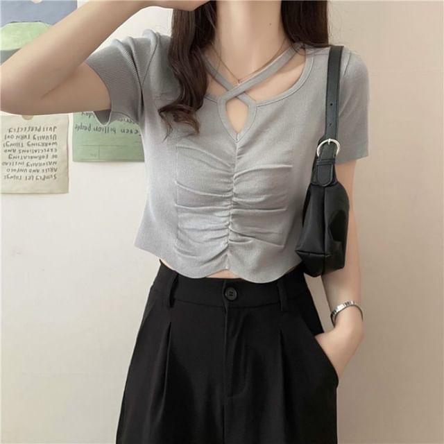 Knit Neck Top Plain Short-Sleeve Ruched Cross Notch Criss