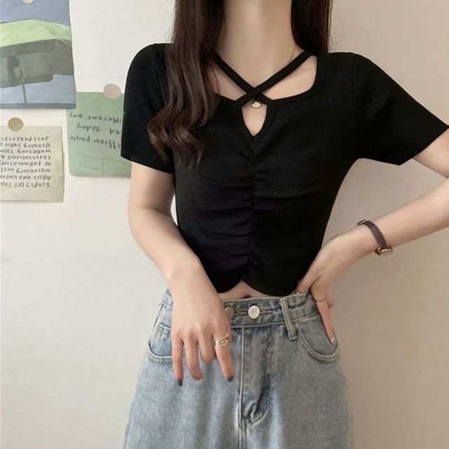 Knit Neck Top Plain Short-Sleeve Ruched Cross Notch Criss
