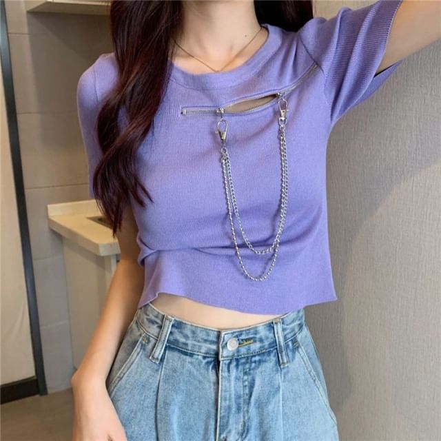 Crew Short-Sleeve Neck Zip T-Shirt Plain Chain