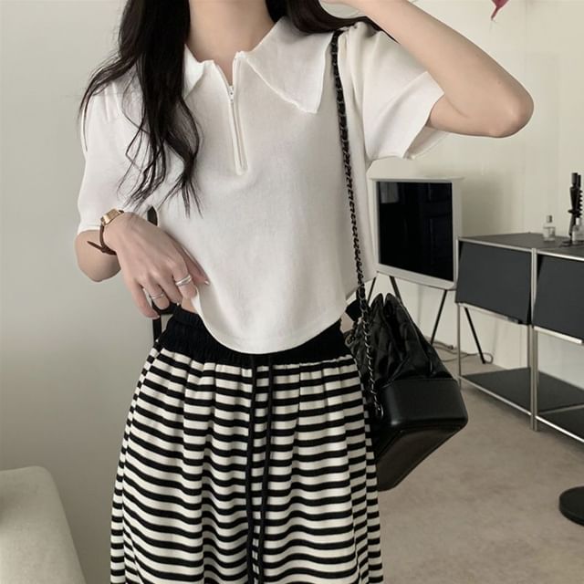 Half Zip Knit Top Collared Short-Sleeve