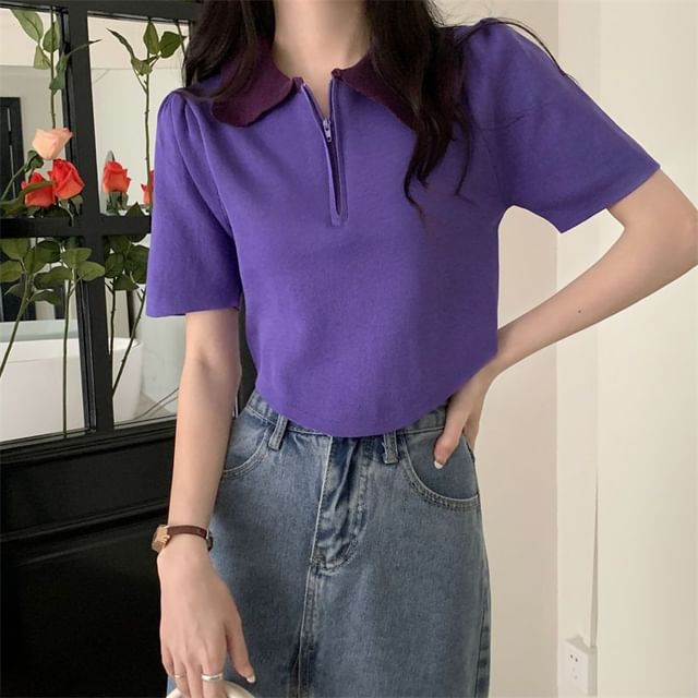 Half Zip Knit Top Collared Short-Sleeve