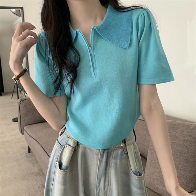 Half Zip Knit Top Collared Short-Sleeve
