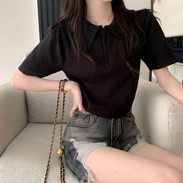 Half Zip Knit Top Collared Short-Sleeve