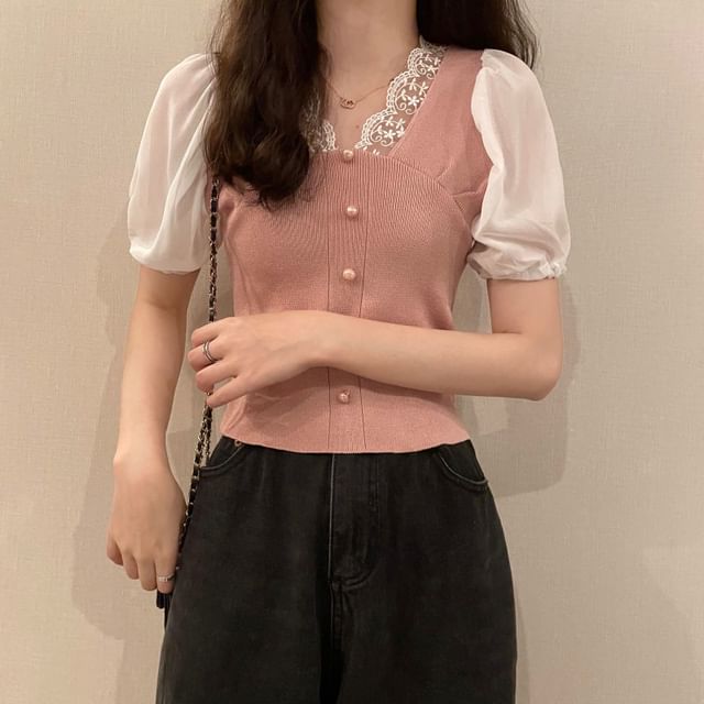 Panel V-Neck Short-Sleeve Embroidered Button Top