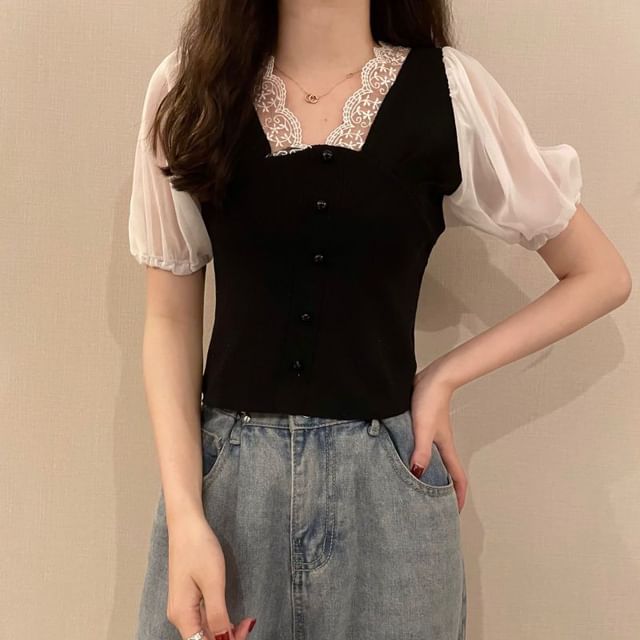 Panel V-Neck Short-Sleeve Embroidered Button Top