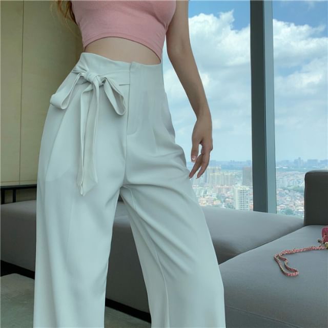 Wide Dress Leg Pants Plain Tie-Up High Waist