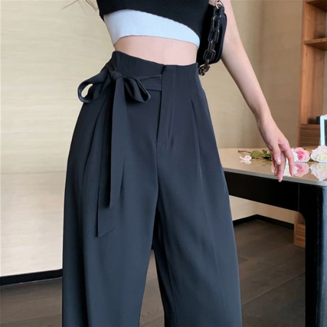 Wide Dress Leg Pants Plain Tie-Up High Waist