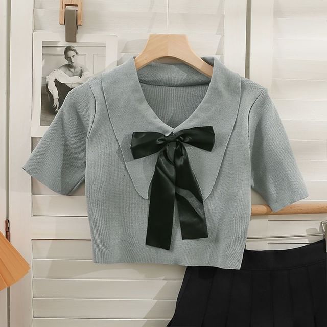 Bow Crop Top Knit Short-Sleeve Collared