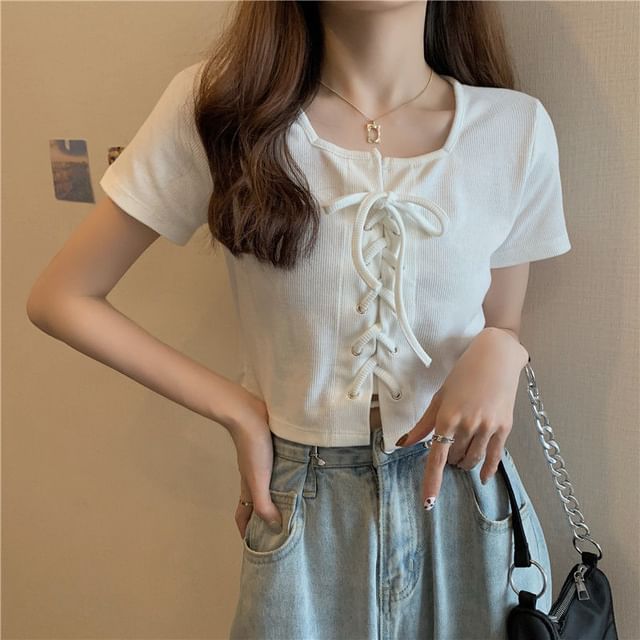 Lace Top Plain Short-Sleeve Neck Square Up