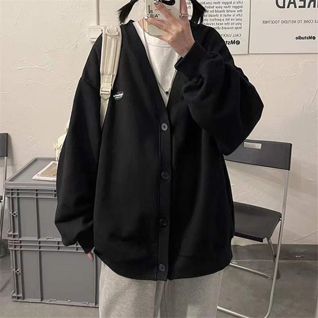 Plain V-Neck Button Jacket