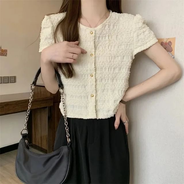 Round Neck Plain Short-Sleeve Top Button Frill