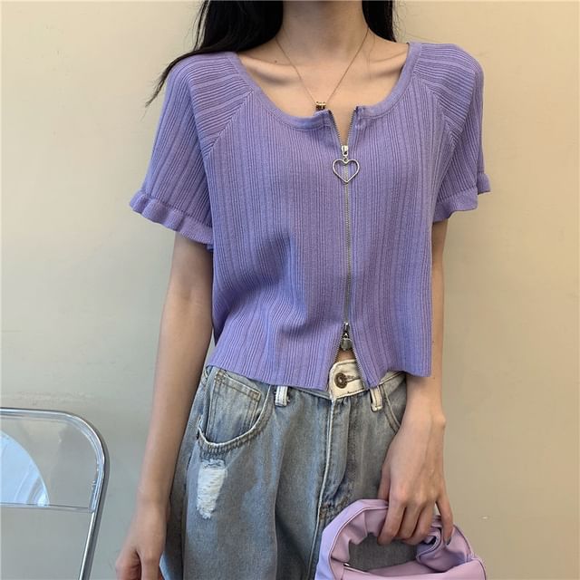 Cardigan Short-Sleeve Ribbed Zip Plain Round Neck