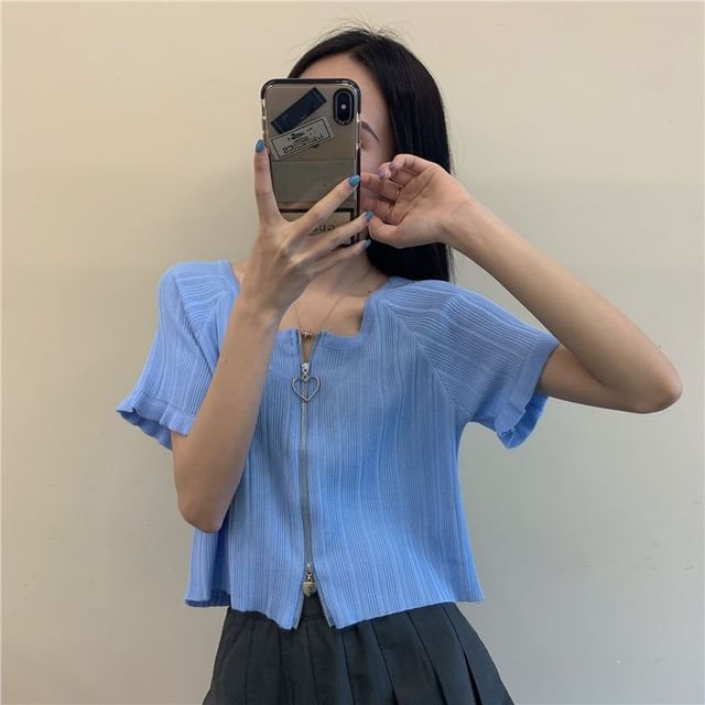 Cardigan Short-Sleeve Ribbed Zip Plain Round Neck