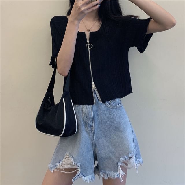 Cardigan Short-Sleeve Ribbed Zip Plain Round Neck