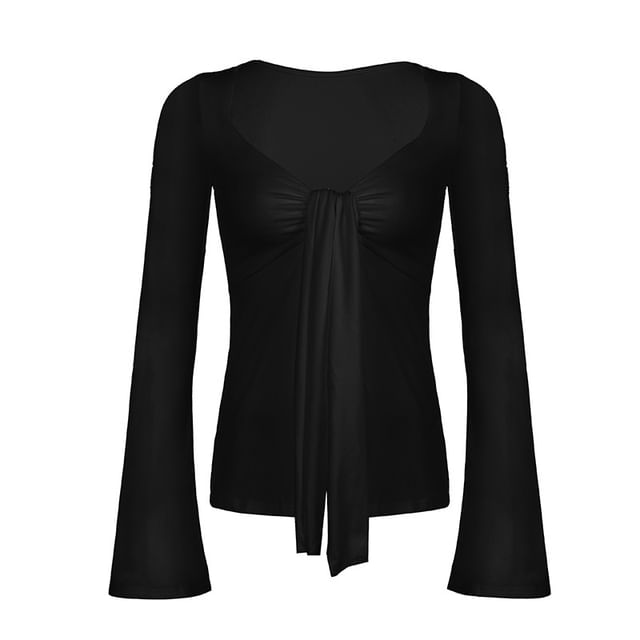 Long Top V-Neck Plain Crop Sleeve Tie-Front
