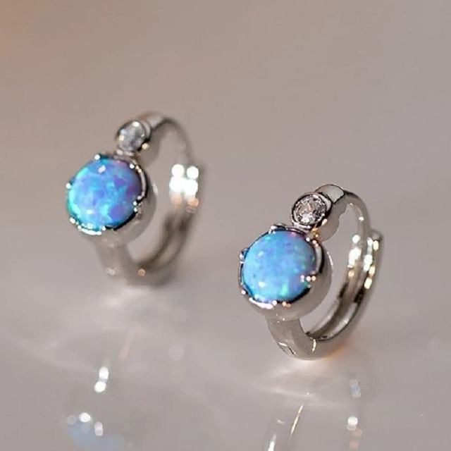 925 Sterling Silver Faux Opal Huggie Earring