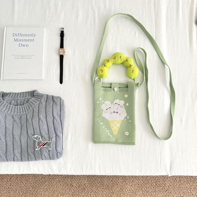 Crossbody Handle Top Knit Cartoon Bag Donut Print