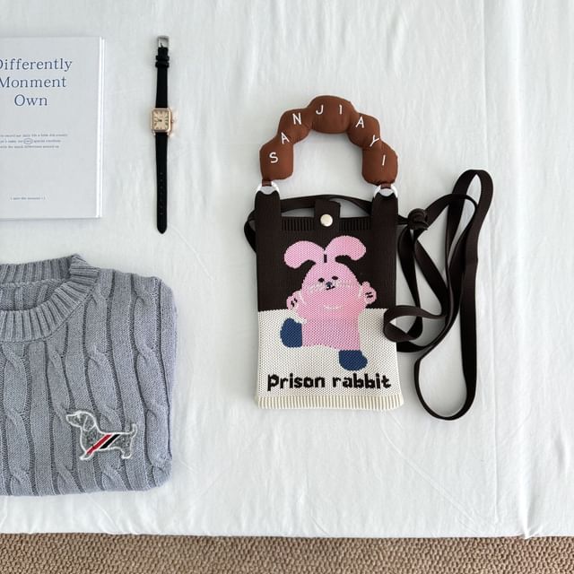 Crossbody Handle Top Knit Cartoon Bag Donut Print