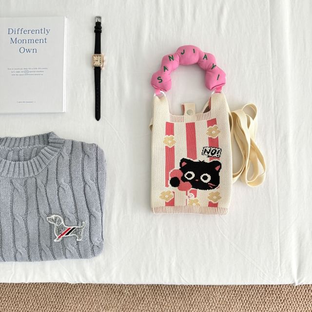Crossbody Handle Top Knit Cartoon Bag Donut Print