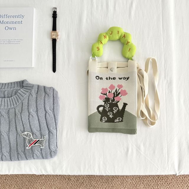 Crossbody Handle Top Knit Cartoon Bag Donut Print