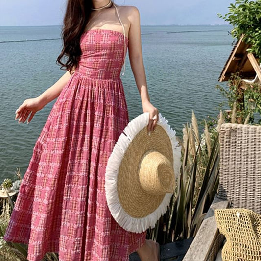 Dress Strapless Maxi A-Line Plaid