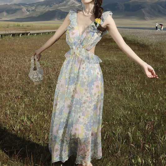 Cutout Sleeveless V-Neck Floral Sundress Ruffle Maxi