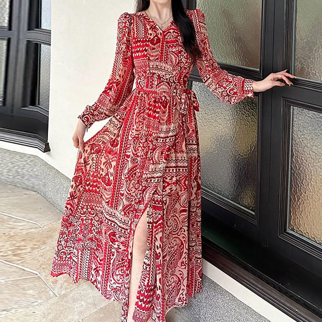 A-Line Dress Print Patterned Slit Maxi Long-Sleeve V-Neck