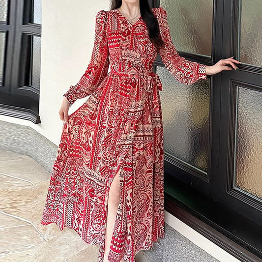 A-Line Dress Print Patterned Slit Maxi Long-Sleeve V-Neck