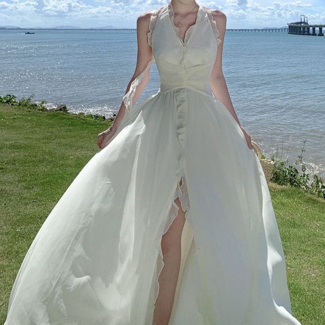 Plain Maxi V-Neck Halter Front-Slit Ruffle Dress A-Line