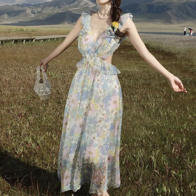Cutout Sleeveless V-Neck Floral Sundress Ruffle Maxi