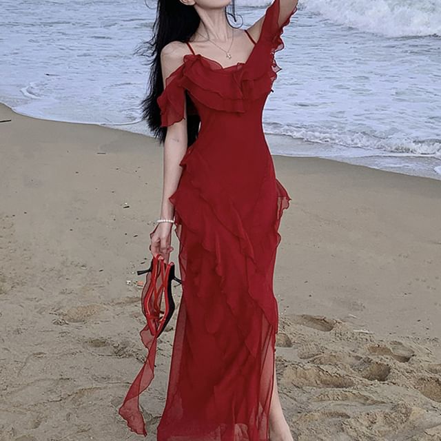 Plain Maxi Sundress Ruffle Cold-Shoulder Asymmetrical
