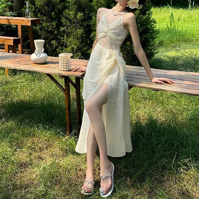 Ruched Maxi Panel Strap Plain A-Line Slit V-Neck Spaghetti Dress Lace