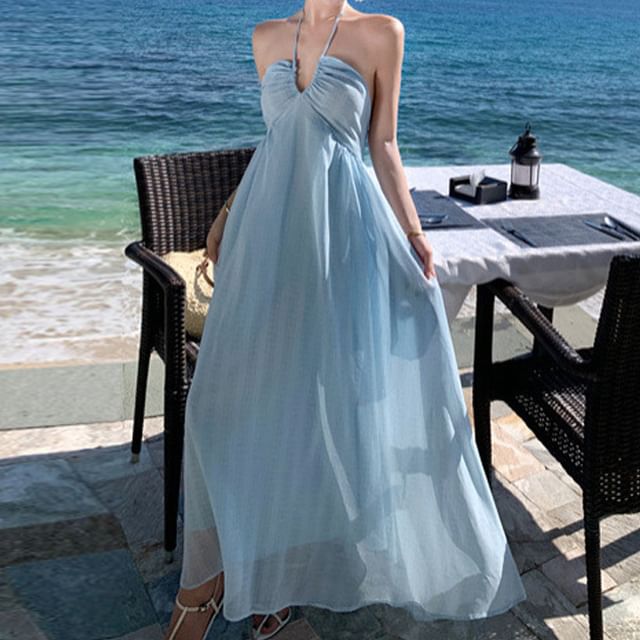 Dress A-Line Tie Plain Back Halter Maxi