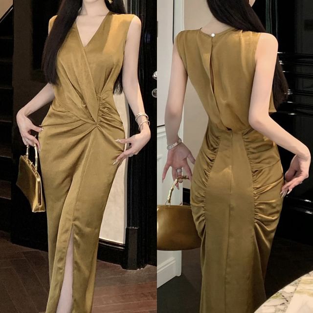Sheath Plain Slit Dress Wrap Maxi Ruched V-Neck Sleeveless