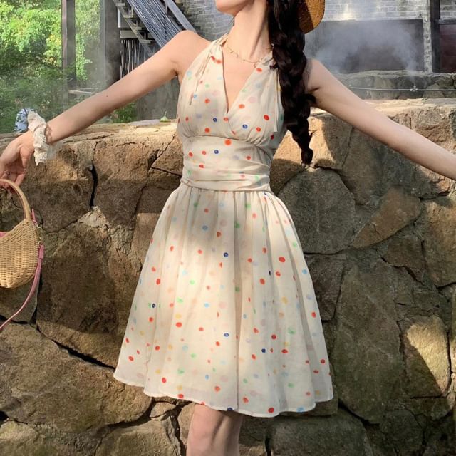 V-Neck Dress Halter A-Line Dotted Mini