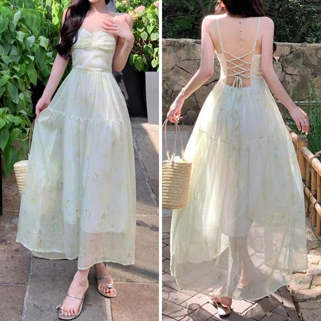 Print Strap Up A-Line Dress Maxi Patterned Lace Spaghetti