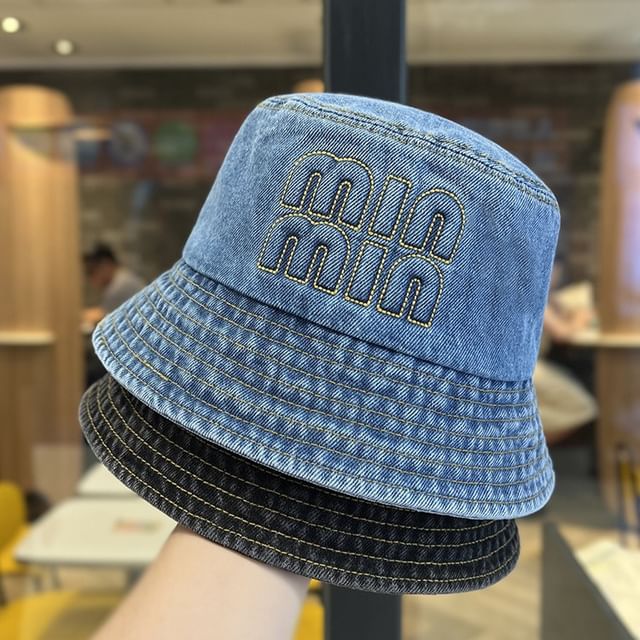Denim Lettering Hat Washed Bucket Embroidered