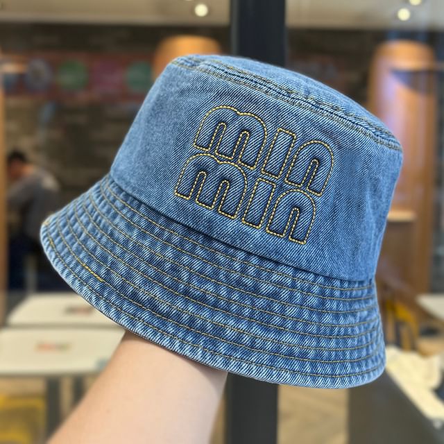Denim Lettering Hat Washed Bucket Embroidered