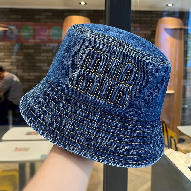 Denim Lettering Hat Washed Bucket Embroidered