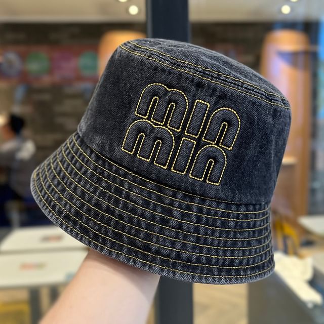 Denim Lettering Hat Washed Bucket Embroidered