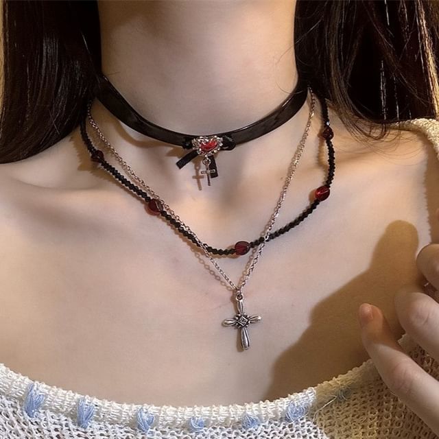 Rhinestone Faux Necklace / Choker Leather Cross
