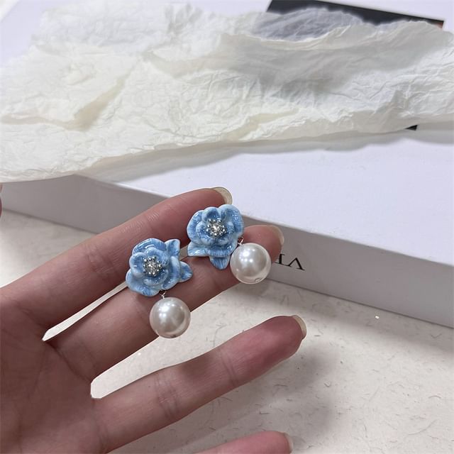 Leather Ball Earring Faux Floral Drop