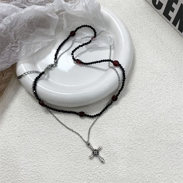 Rhinestone Faux Necklace / Choker Leather Cross
