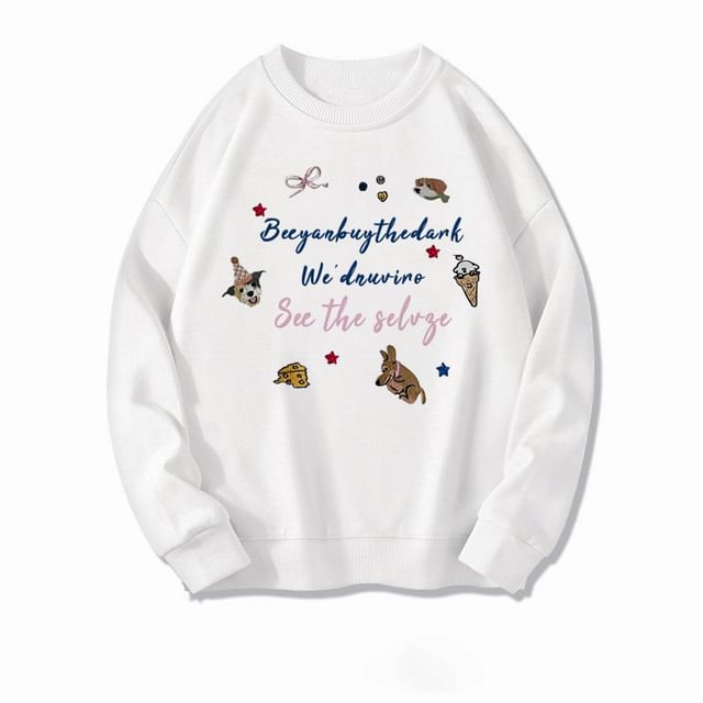 Round Neck Lettering Cartoon Embroidered Sweatshirt