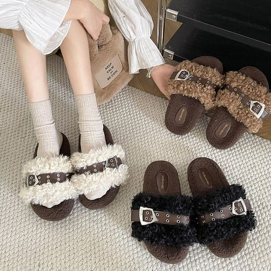 Fleece Buckled Slide Sandals