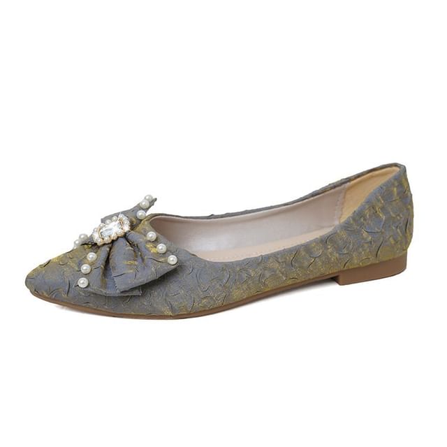 Pointed Toe Rhinestone Faux Pearl Bow Flats