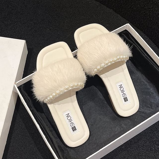 Fluffy Faux Pearl Slide Sandals